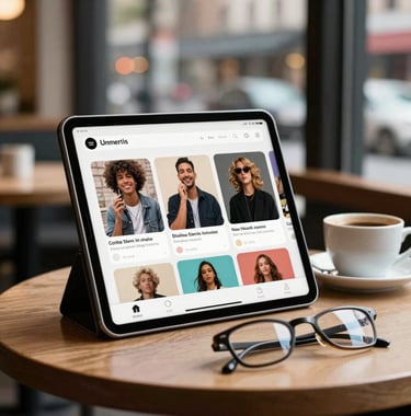 A modern tablet propped up on a café table in a US city, showing a vibrant social media feed. A cup of coffee and spectacles sit nearby.