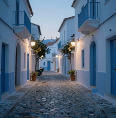 An elegant shot of a narrow cobblestone street in a Mediterranean village during the blue hour, sophisticated lighting, peaceful and inviting, featuring tones of #3E6B7A.