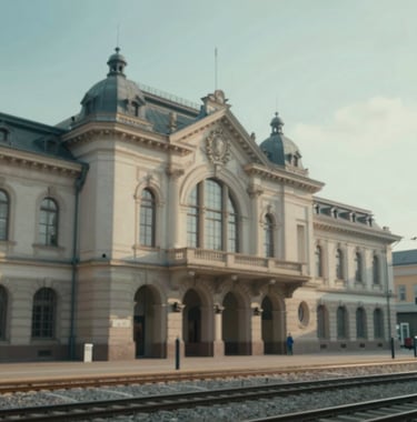 An inspiring image of an old European train station with elegant architecture, suggesting a journey of discovery. The lighting is soft and aspirational with #3E6B7A tones.