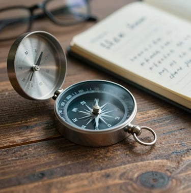 A sophisticated close-up of a vintage compass and a handwritten travel journal on a wooden table. Warm lighting, incorporating #3E6B7A and #1C2C39.