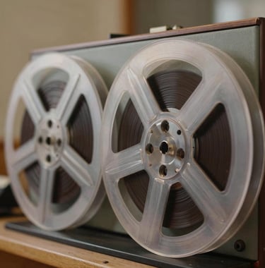 An artistic close-up of historical magnetic recording tape reels spinning in a Romanian radio studio, natural soft warm lighting illuminating classic analog broadcasting gear.