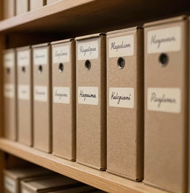 A row of neatly arranged historical magnetic audio tape boxes on a wooden archival shelf, with handwritten labels in Romanian cursive. Soft, warm light highlighting the vintage cardboard textures, scholarly archive style.