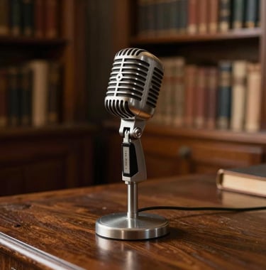 An elegant still life of a classic metallic broadcast microphone on a heavy iron base, positioned on a polished dark wood desk in an old Romanian library. Soft golden evening light, nostalgic editorial style.