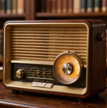 A close-up shot of a polished retro 1950s European tabletop tube radio with warm bronze-gold detailing, its amber frequency dial softly glowing, photographed in an elegant, scholarly library setting.