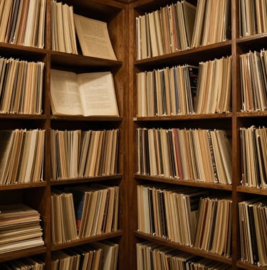 An archival photograph of a physical library room with shelves of old recordings, manuscript folios, and historical documents in Bucharest. Warm editorial lighting with soft gold accents, evoking historical authority and a passion for preservation.