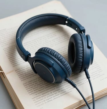 A detailed photograph of a pair of vintage studio headphones resting on a stack of typed broadcast scripts in Romanian. Clean, modern composition with a scholarly, nostalgic mood, illuminated in slate blue and cream colors.
