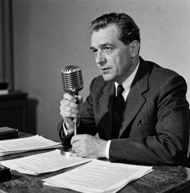 A vintage style black and white photograph of an Eastern European radio presenter in Bucharest, speaking into an iconic classic silver microphone, archives and typed manuscripts resting on a rustic dark wooden desk.