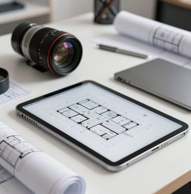 A close-up shot of architectural blueprints and a digital tablet on a clean white desk in a high-end North American design studio.