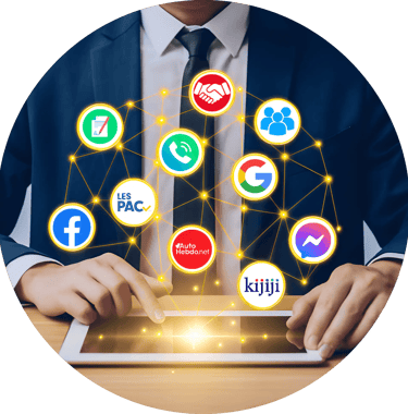 Homme en complet utilisant une tablette, entouré de logos des plateformes de vente comme Kijiji, AutoHebdo, LesPAC, Facebook 