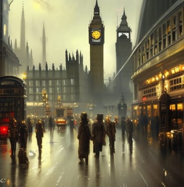 a city street scene in London with Big Ben in the background