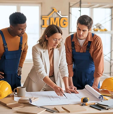 Equipo de IMG revisa planos de reforma durante la planificación de obra.