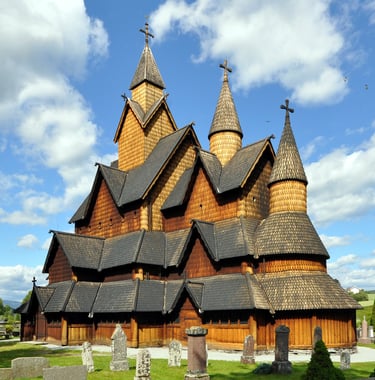 heddal stave church, wood church with multiple spires medieval