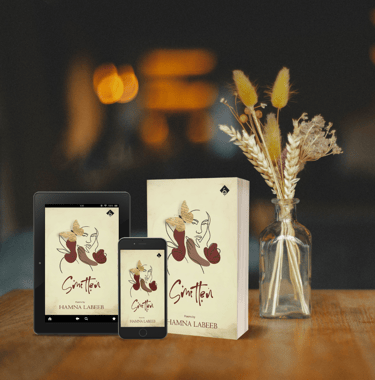 Book mockups of paperback and kindle, with a line drawing of a woman with a butterfly near her hair