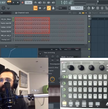 a man in a recording studio with a microphone and a keyboard doing a tutorial on akai fire in arabic