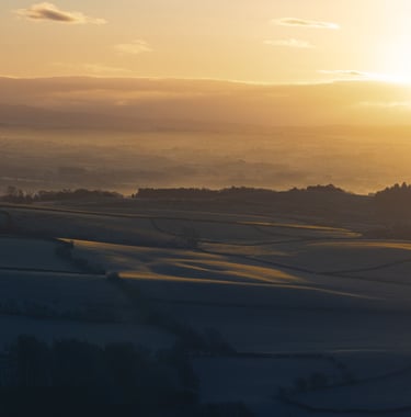 a contrasty and frosty lanscape being illuminated by a golden sunrise