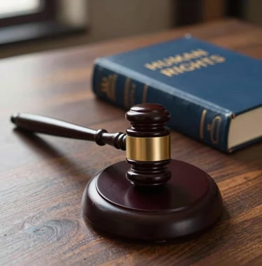 A medium shot of a gavel resting on a wooden desk next to a leather-bound book on human rights, soft afternoon light, global Spanish-speaking context, colors of dark wood and medium blue.