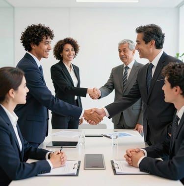 A professional photography of a diverse group of people in formal business attire shaking hands across a conference table, bright and airy room, global Spanish-speaking context, colors of steel blue and white.