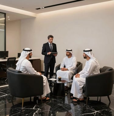 Photography of a luxury commercial space in Dubai. Elegant black marble floors and soft off-white walls. A professional consultant in a Middle Eastern / Gulf office environment presenting to clients.