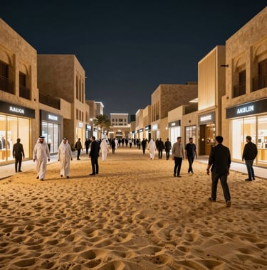 A vibrant high-end shopping district in Dubai at night, with warm golden sand lights illuminating professional Middle Eastern / Gulf visitors and luxury storefronts.