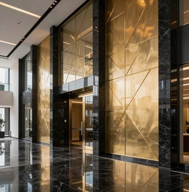 A sleek, modern commercial lobby in Dubai with elegant gold geometric wall patterns and polished midnight black stone, reflecting a highly professional and credible corporate environment.