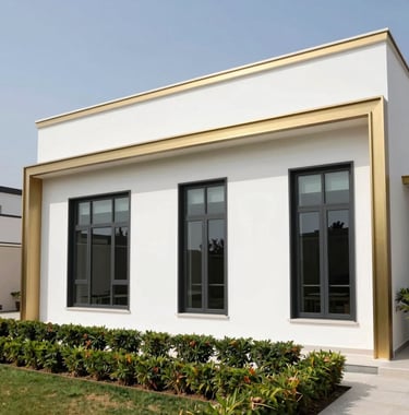 Luxury villa architecture in a Middle Eastern / Gulf setting, featuring clean white walls and metallic gold trim. Bright, modern photography with elegant black window frames and lush landscaping.