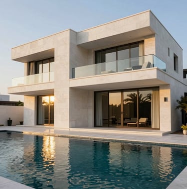 Architectural shot of a contemporary luxury villa in Palm Jumeirah, showcasing clean lines, white stone walls, and a private pool reflecting the elegant gold sunlight of late afternoon.