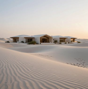 A serene desert luxury resort at dawn, featuring soft off-white sand dunes and modern villa architecture in a tranquil Middle Eastern / Gulf setting.