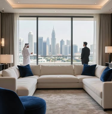 High-end interior photography of a penthouse in Dubai. Features soft off-white furniture and deep midnight blue accents. Professionals in a Middle Eastern / Gulf residential setting viewing the skyline through a large window.