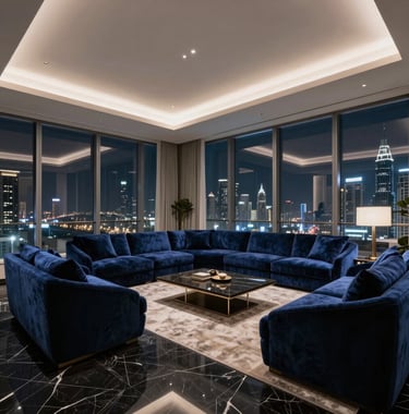 Luxury penthouse interior in Dubai featuring floor-to-ceiling windows, midnight black marble floors, and deep navy blue velvet furniture, overlooking the city skyline at night.