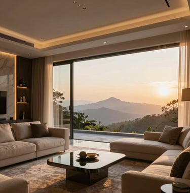 An ultra-luxury living room interior in Lonavala featuring glassmorphism design, soft golden glows, and a panoramic view of the Western Ghats at dawn.
