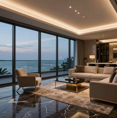A minimalist, ultra-luxury penthouse interior in South Mumbai with floor-to-ceiling glass walls overlooking the Arabian Sea at dusk. The room features dark marble floors, gold-trimmed modern furniture, and a sophisticated, cinematic lighting scheme. South Asian / Indian high-end residential style.