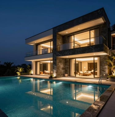 A private infinity pool area of a modern mansion at Malabar Hill. The architecture features clean lines, dark stone, and gold accent lighting. The South Asian / Indian night sky is reflected in the water, creating an aura of total privacy and elite status.