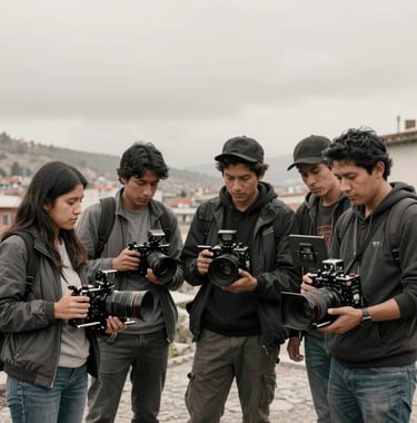 A group of young South American / Peruvian filmmakers collaborating in a high-altitude urban setting, holding professional equipment, modern and artistic style, soft charcoal and off-white tones.