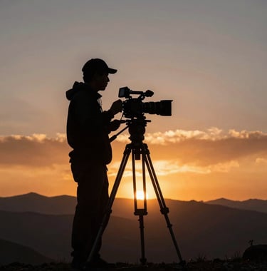 A silhouette of a camera operator with a tripod against a glowing Andean sunset, sky colors of orange and charcoal, South American / Peruvian landscape, cinematic backlighting.