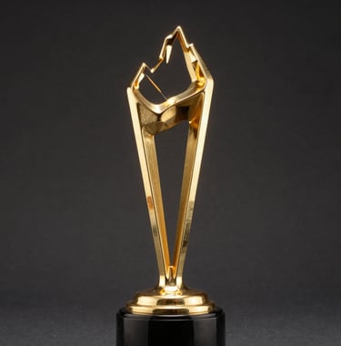 A detailed shot of a golden film award trophy with an abstract mountain peak design, glowing under warm spotlight against a dark charcoal background, sophisticated and prestigious.