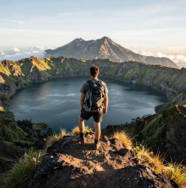Action shot of an adventurous hiker standing on a ridge overlooking the vast crater lake of Mount Rinjani during a sunny day. Golden sunlight illuminates the volcanic peak and the lush green slopes. Crisp professional outdoor photography capturing Global Adventure Travelers / Indonesian Eco-Tourism.