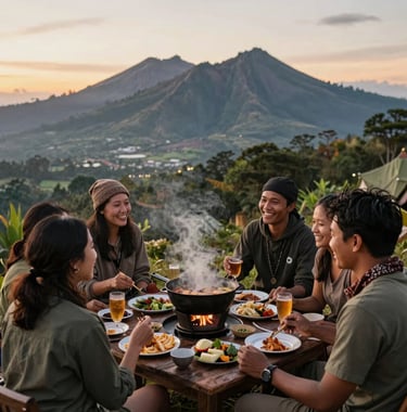 Candid warm lifestyle shot of global adventure travelers gathering around a hot meal prepared by local guides at a luxury campsite on Rinjani. Smiling faces, soft sunset lighting, natural green and earthy colors. Highlighting Indonesian Eco-Tourism and premium mountain hospitality.