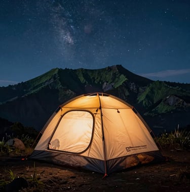 Adventure photography of a premium dome tent pitched safely on the Mount Rinjani crater rim at twilight. A warm light glows inside the tent against a starry night sky with deep green mountain contours visible in the dark background. For Global Adventure Travelers / Indonesian Eco-Tourism.