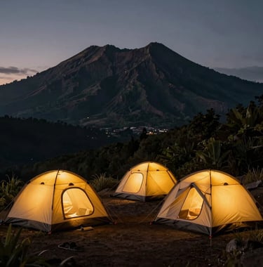 A cozy, premium camping setup on the Rinjani crater rim at dusk. Warm yellow light glows from sturdy geodesic tents. In the background, the silhouette of the volcanic peak is outlined against a deep twilight sky of charcoal and dark forest green.