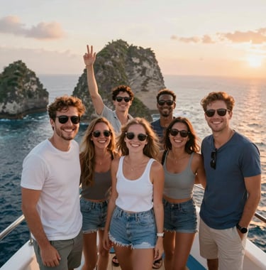 A group of happy travelers standing on the deck of a fast boat, wearing sunglasses and smiling. The background is the coastline of Nusa Penida. High energy, adventurous mood, with #D36B31 sunset highlights.