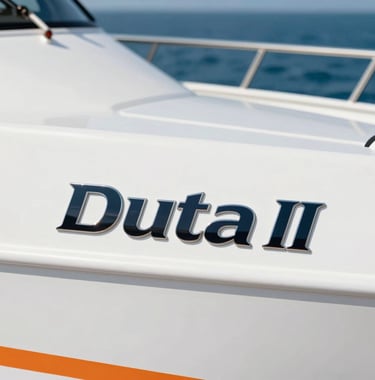 Close-up of the Maruti Duta II logo on the side of a sleek white hull. Professional maritime finish, modern typography, with the blue sea in the background and #D36B31 orange accents on the boat.