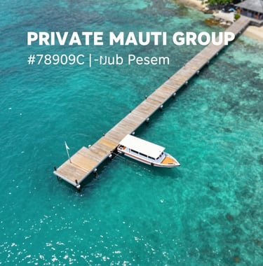 A top-down aerial view of the private Maruti Group jetty in Nusa Penida. The water is a brilliant turquoise, and the wooden jetty structure is clean and well-maintained. A fast boat is docked, and the scene conveys exclusivity and comfort using #78909C and #FDF6ED tones.