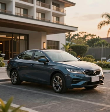 A professional private car for airport transfer parked in front of a modern Bali hotel. Clean, professional lighting, emphasizing reliability and comfort. Colors include #1B2D3B for the car and warm #FDF6ED sunset light.
