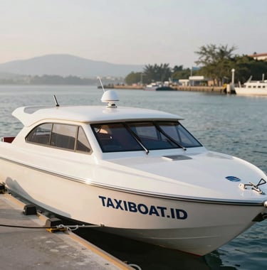 A close-up shot of the Maruti Duta II fast boat docked at Sanur Harbor. The focus is on the sleek design and the TAXIBOAT.ID branding. The lighting is warm morning sun, highlighting the professional and reliable appearance of the vessel.