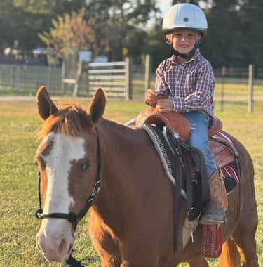 Preschool cowboy riding Snickers at a Birthday Pony Party