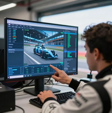 A motorsports professional in a North American / US track facility reviewing telemetry data on a high-definition monitor. The screen glow casts electric sky blue light on the technical workspace, reflecting a modern, data-driven racing environment.