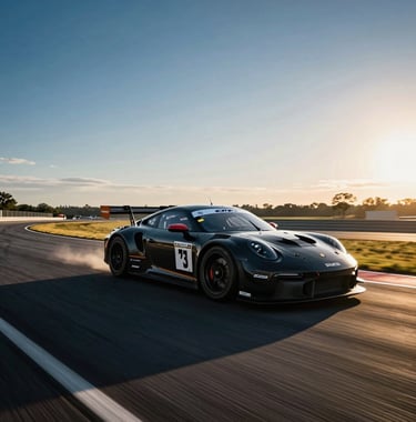 An action shot of a race car cornering at Road Atlanta in the North American / US, dramatic sunset lighting with long deep obsidian shadows and sky velocity blue sky.