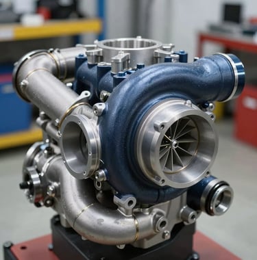 A detailed close-up of a high-performance K24 turbocharger setup inside a clean North American / US garage. The lighting is technical and precise, highlighting metallic graphite blue textures and clean tech silver piping. Professional engineering aesthetic.