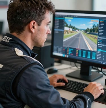 A close-up of a professional driver in the North American / US, wearing a dark midnight steel racing suit, focused intensely on a data monitor showing track maps in sky velocity blue.