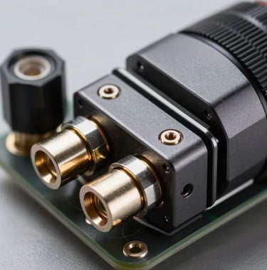 A technical macro shot of custom racing electronics and sensors, featuring alpine frost connectors and midnight steel casings, shot with a clean and premium aesthetic.